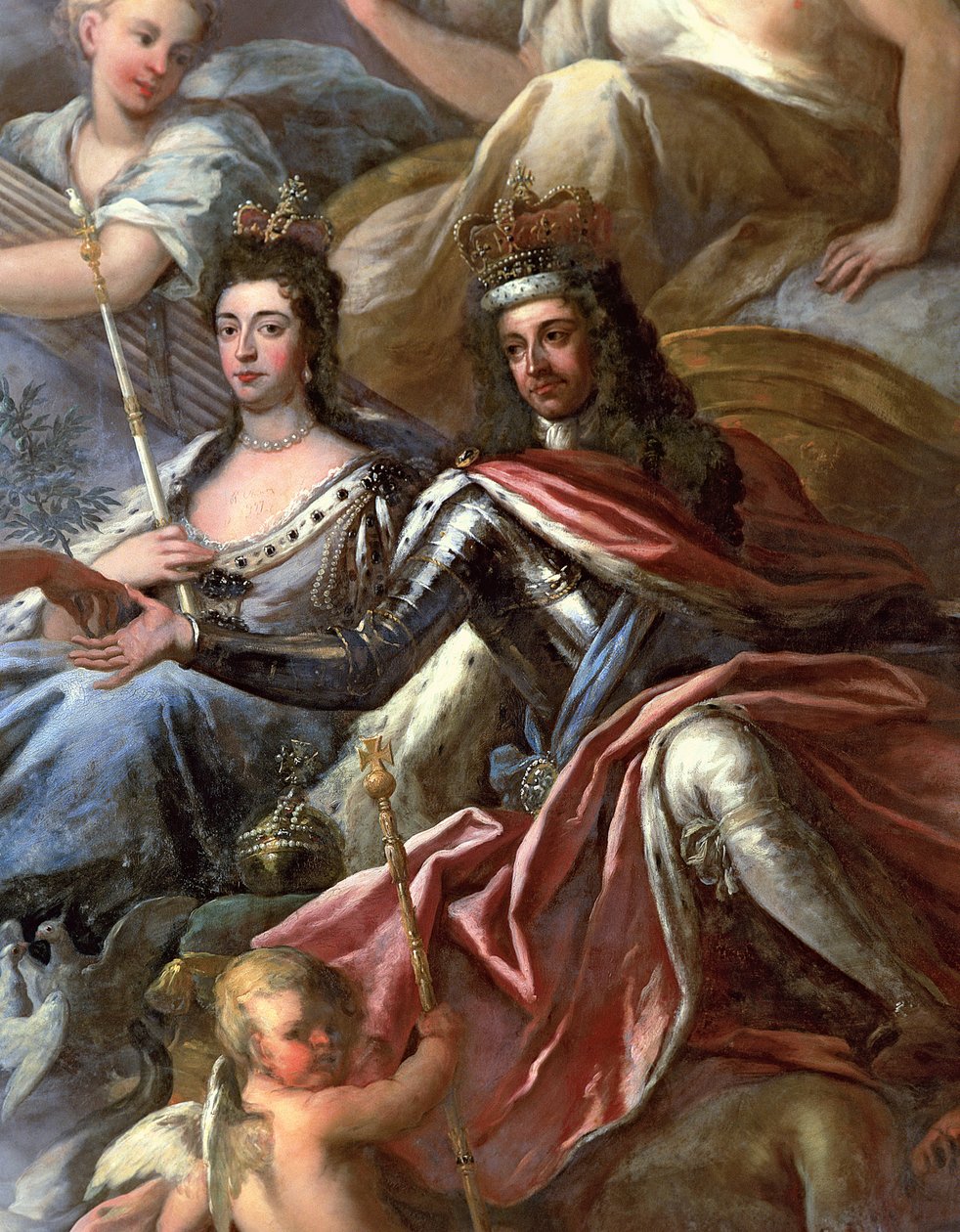 Taket i den malte salen, detalj av kong Vilhelm III 1650-1702 og dronning Mary II 1662-94 på tronen, 1707-14 se 208087 av James Thornhill