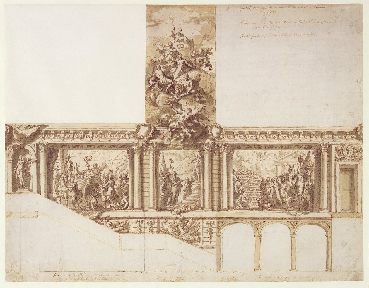 Design for takvegger og trapp (penn, brunt blekk med pensel og brun vask over grafitt på papir) av James Thornhill
