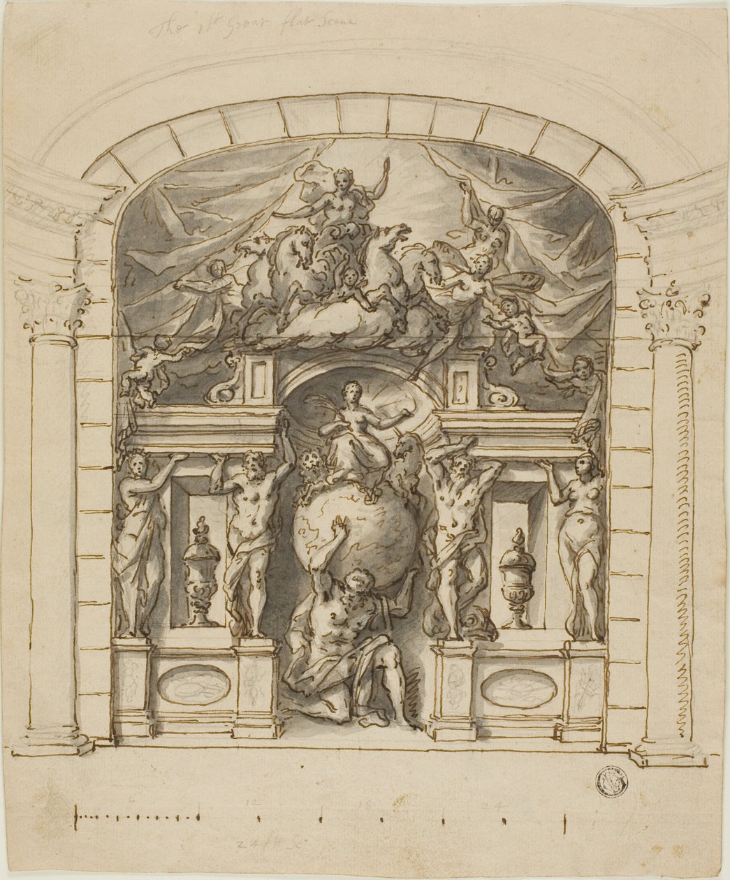 Design for scenesceneri (Hampton Court) med mytologiske figurer av James Thornhill