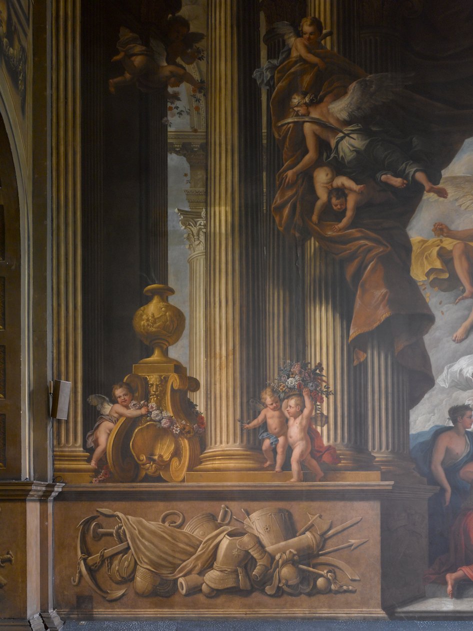 Detalj av vestveggen til den malte salen, ca. 1707-27 veggmaleri av James Thornhill