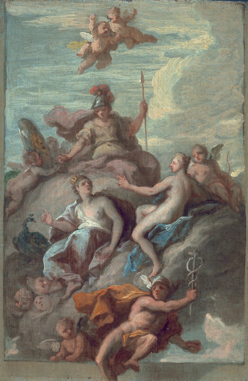 Juno, Minerva og Venus sender Mercury with the Apple of Discord, ca. 1718 av James Thornhill