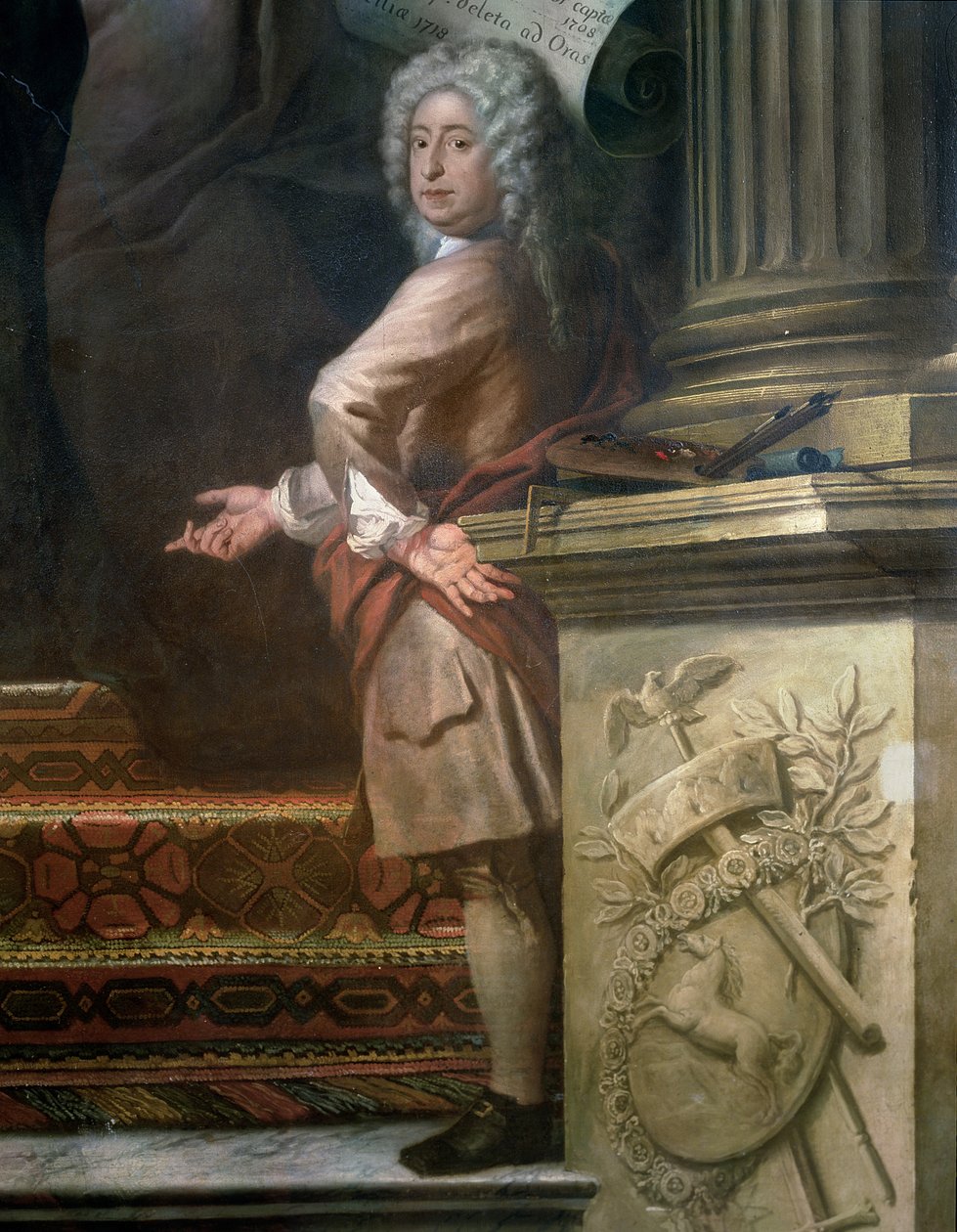 Bakre veggmaleri av Upper Hall som glorifiserer George I 1660-1727 og House of Hannover, detalj av kunstneren, 1718-24, se 208091 av James Thornhill
