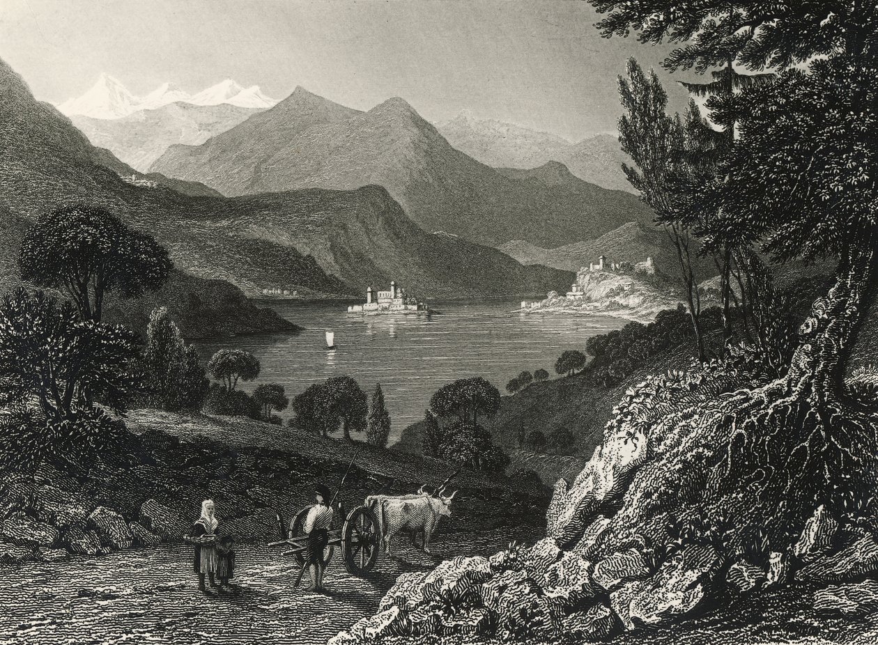 Lake Orta, gravering av James Tibbits Willmore (1800-1863), fra tegning av William Brockedon (1787-1854) av James Tibbitts Willmore