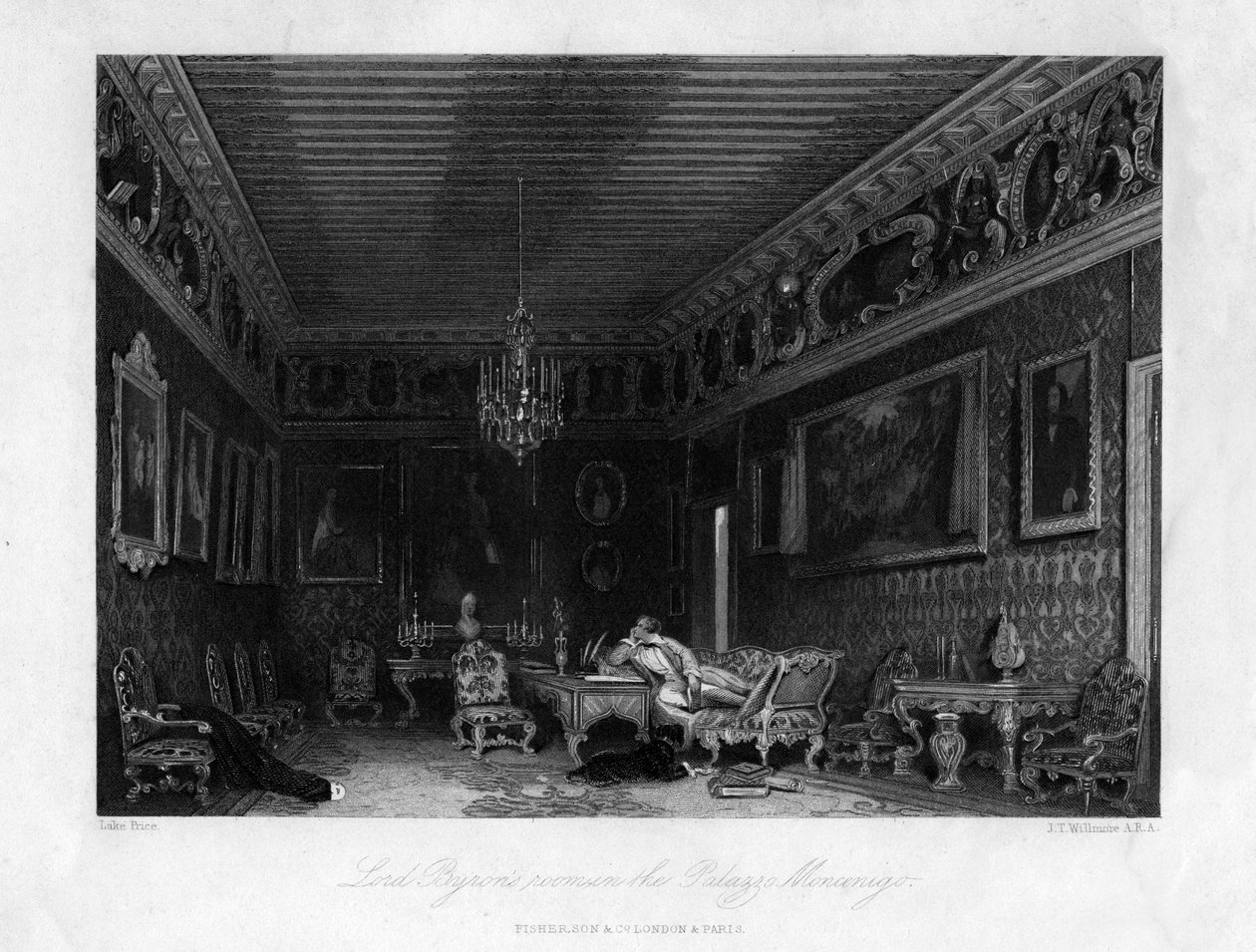 Lord Byrons rom i Palazzo Mocenigo, Venezia, Italia, 1800-tallet. av James Tibbitts Willmore
