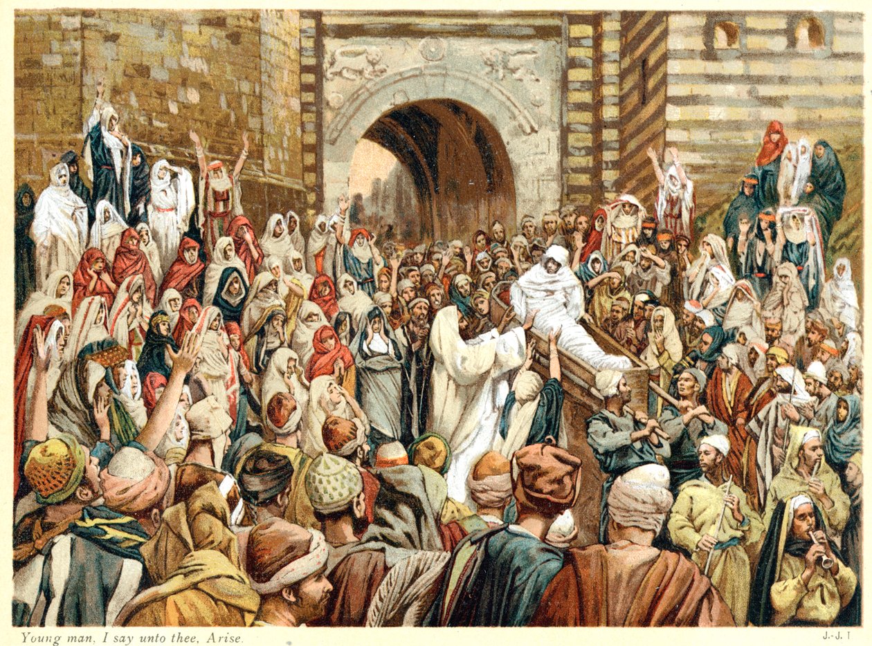 Jesus oppdrar enkens sønn i Nain, ca 1890 av James Tissot