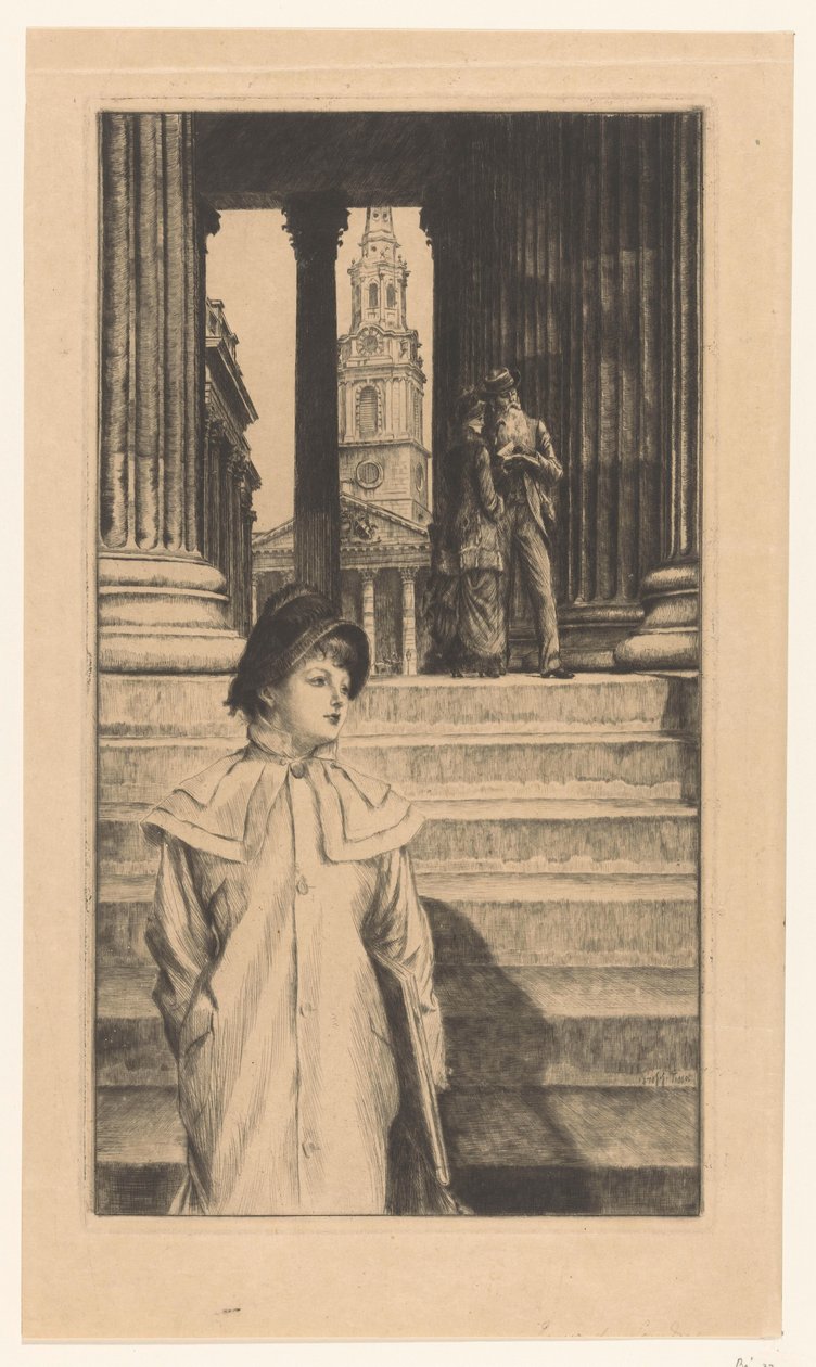 Ung kvinne går ned trappene til National Gallery i London av James Tissot