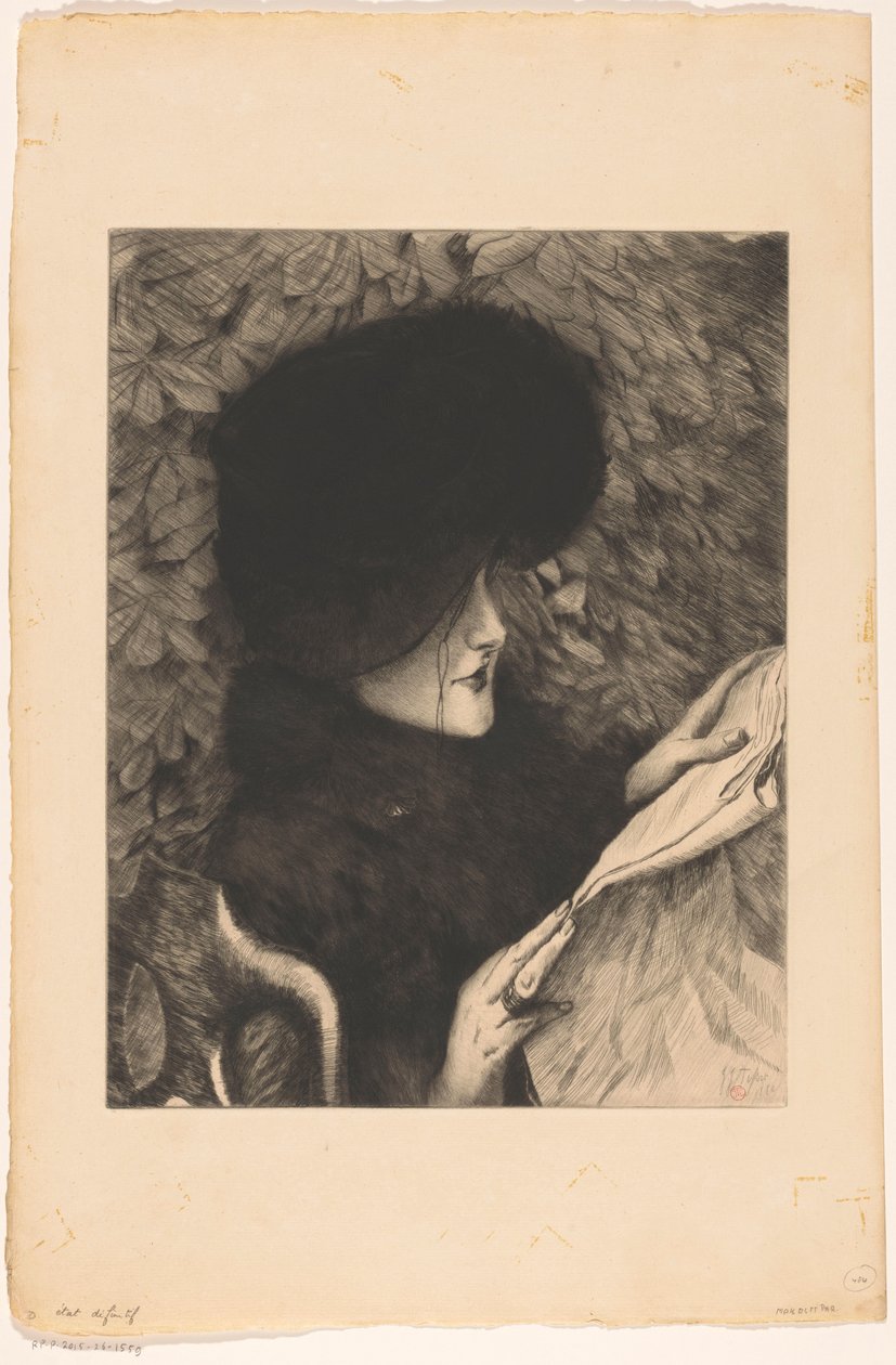 Kvinne leser en avis journalen av James Tissot