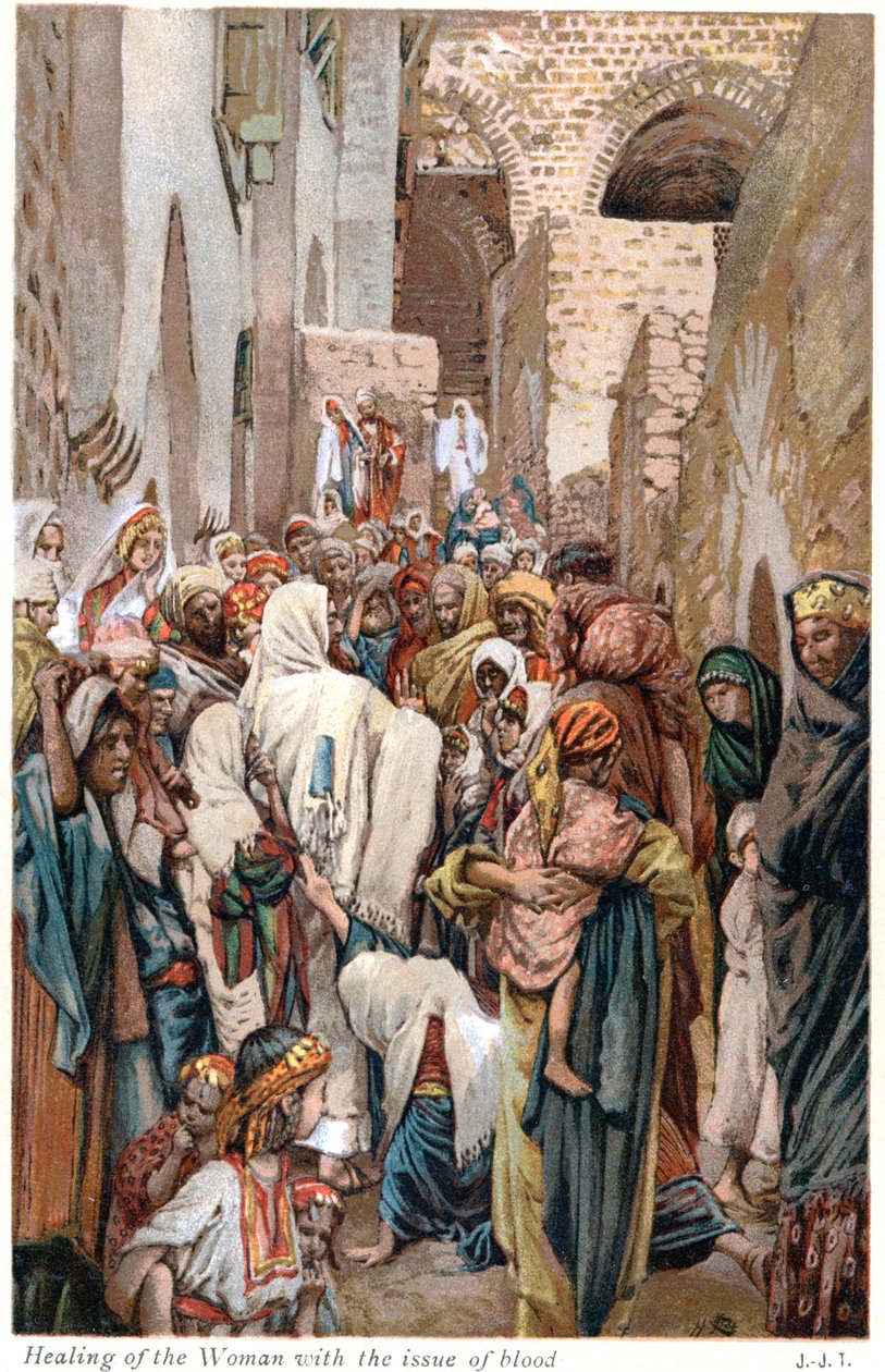 Kvinne med blod som rørte ved kanten av Jesu klær og ble helbredet, ca 1890 av James Tissot