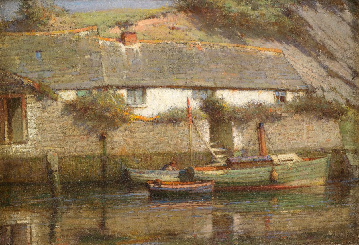 A Riverside Cottage (olje på lerret) av James Valentine Jelley