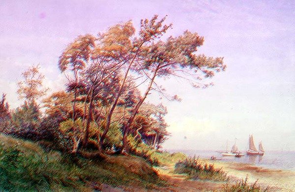 En piknik på kysten, Isle of Wight, med en yacht fortøyd offshore som flyr fenriken til Royal Yacht Squadron av James Waite