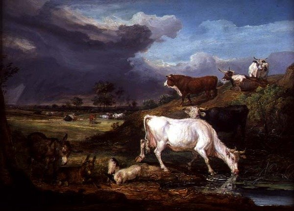 Storfe, esler og griser ved et basseng (olje på panel) av James Ward