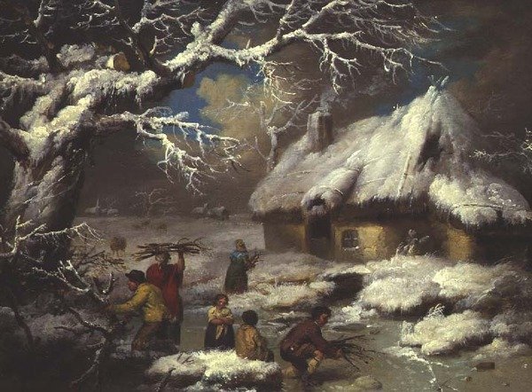 Figurer som samler fagoter i et vinterlandskap av James Ward
