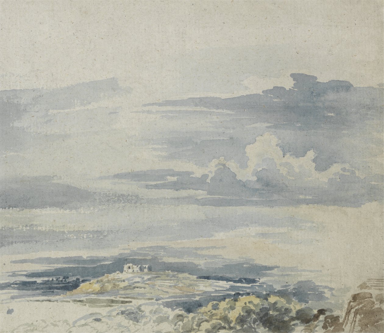 Landskap med et slott på en høyde (akvarell over blyant på papir) av James Ward