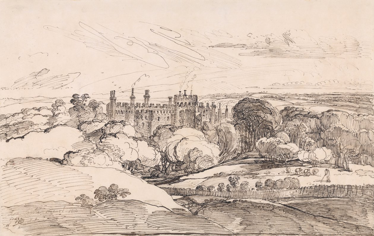 Lea Castle fra over skogen, 1814 (penn og svart blekk på papir) av James Ward