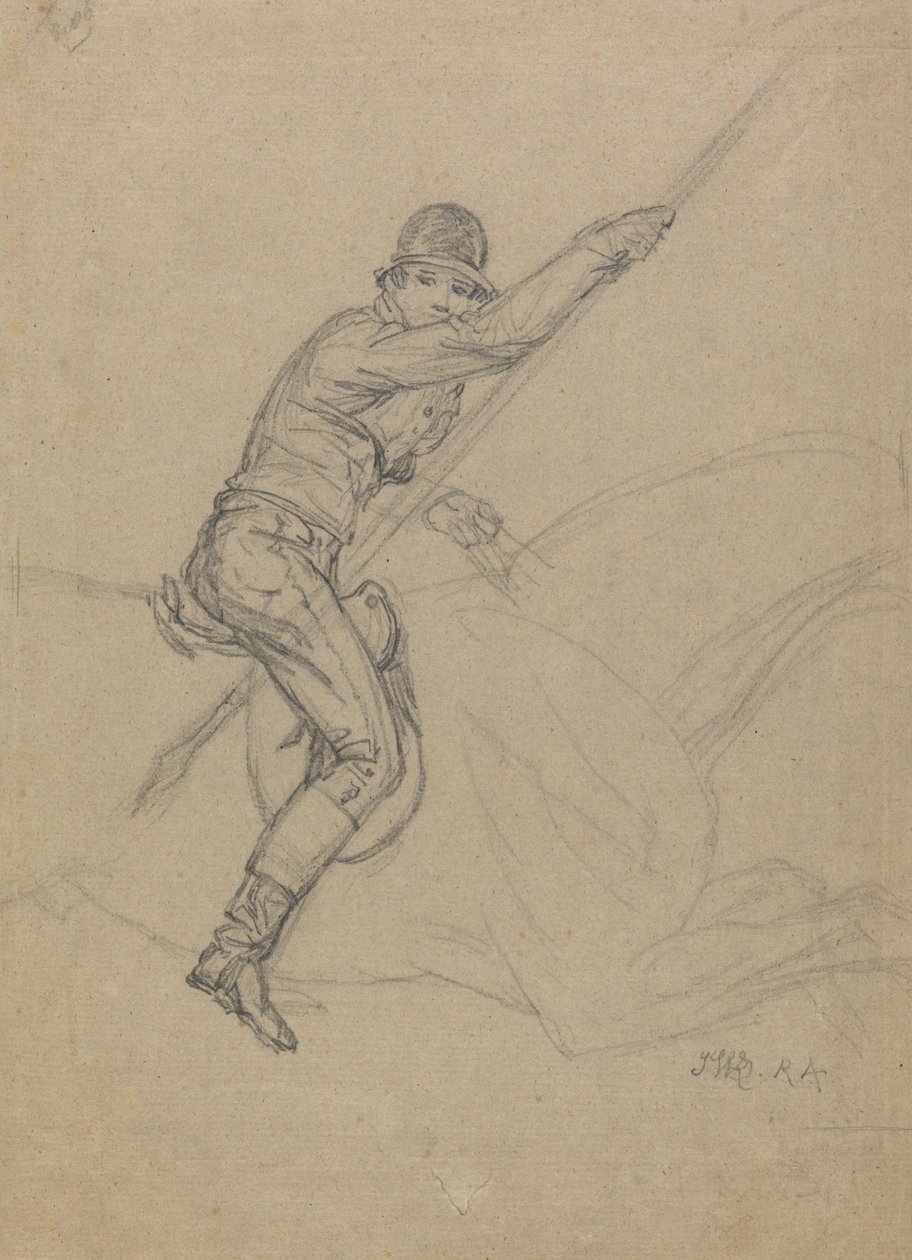 Sir Charles Blunt (f.1775) Hunting the Boar and Escaping from the Tiger: en studie for ett av et sett på fire malerier laget i 1815 (blyant forhøyet med hvitt på grått papir) av James Ward