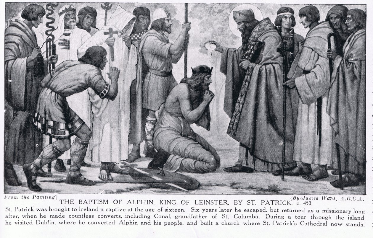 The Baptism of Alphin, King of Leinster, av St. Patrick, illustrasjon fra 'Hutchinson's History of the Nations', ca. 1910 av James Ward