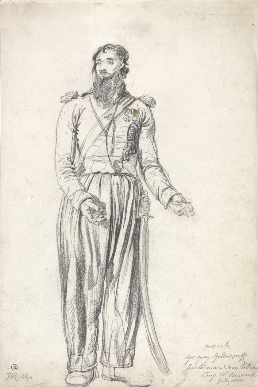 The Cossack, Gregory Yelloserf, juli 1814 (svart kritt og akvarell på papir) av James Ward