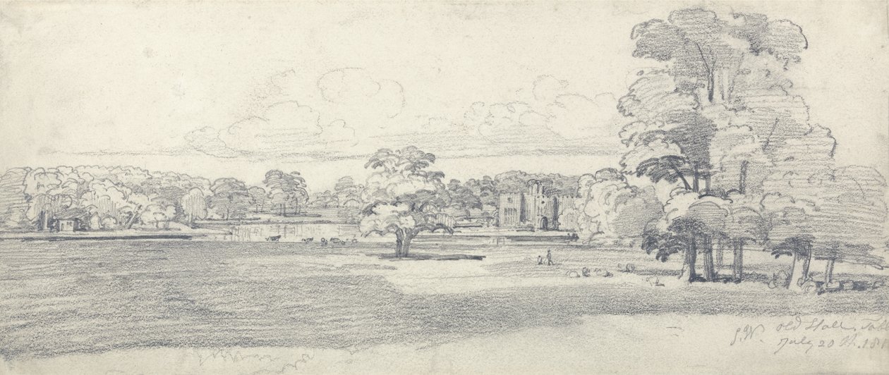 The Old Hall, Tabley, Surrounded by Parkland, 20. juli 1814 (blyant på papir) av James Ward