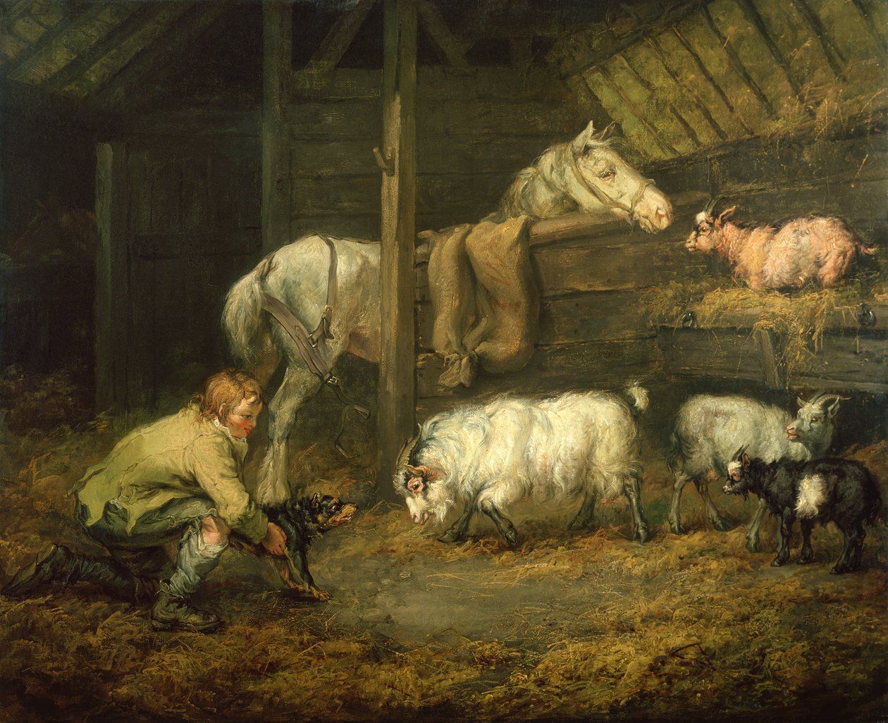Ung gutt og hunden hans i en stall med hest og sau (olje på lerret) av James Ward