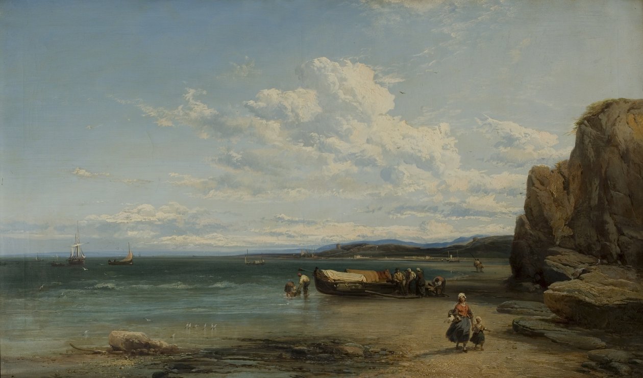 Kystscene med båter, 1863 av James Webb