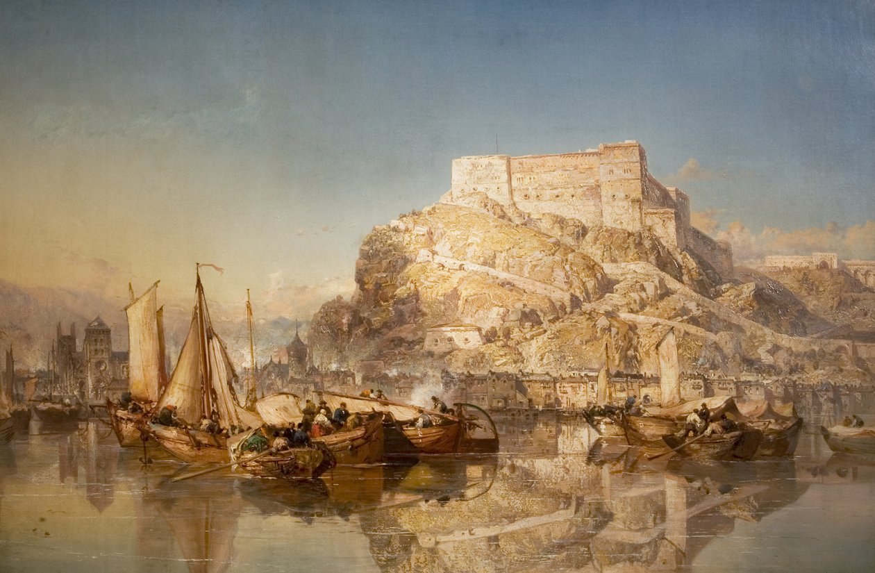 Byen og festningen Huy ved elven Meuse, 1880 av James Webb