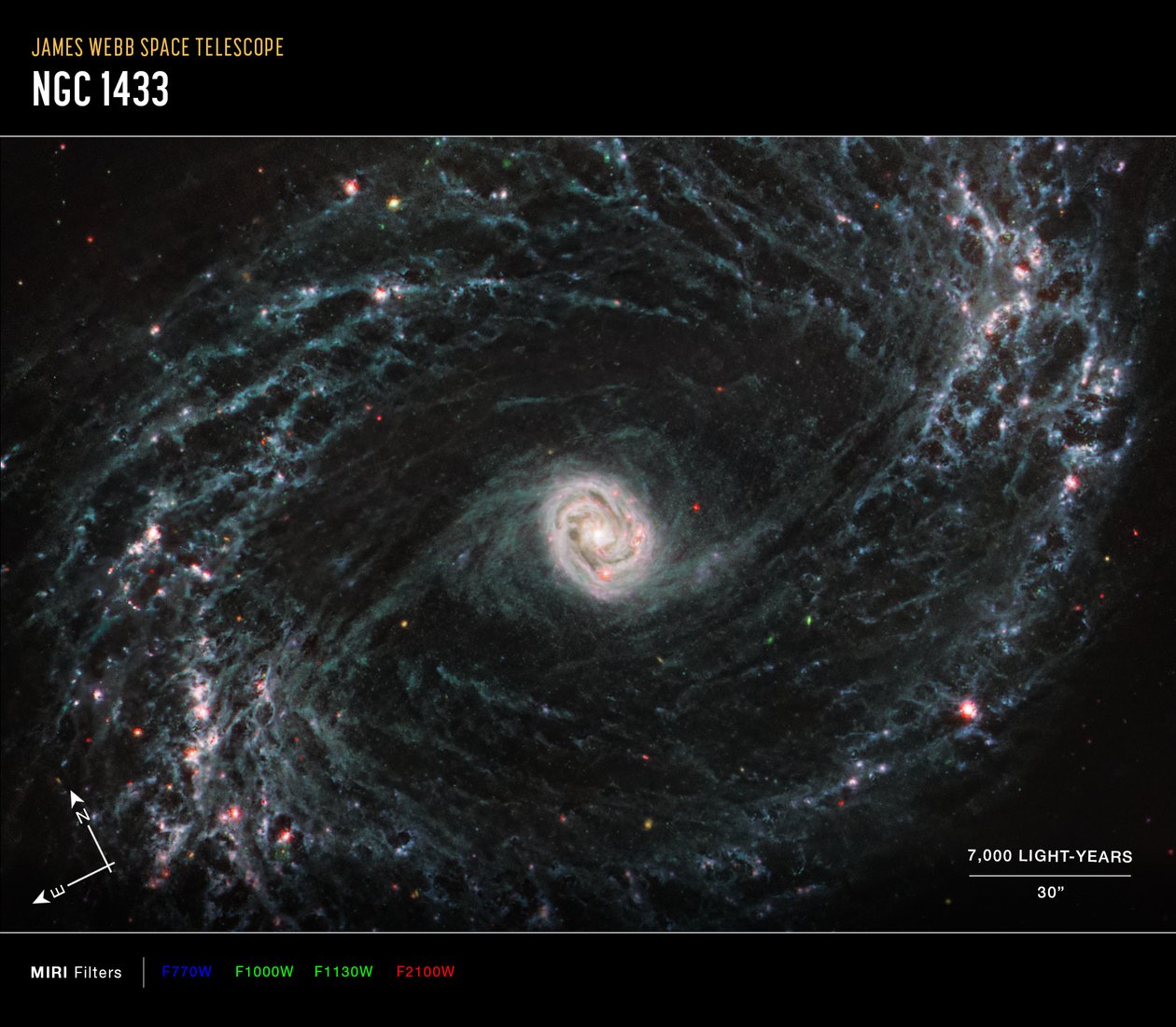NGC 1433 (MIRI kompassbilde) av James Webb Space Telescope (NASA)