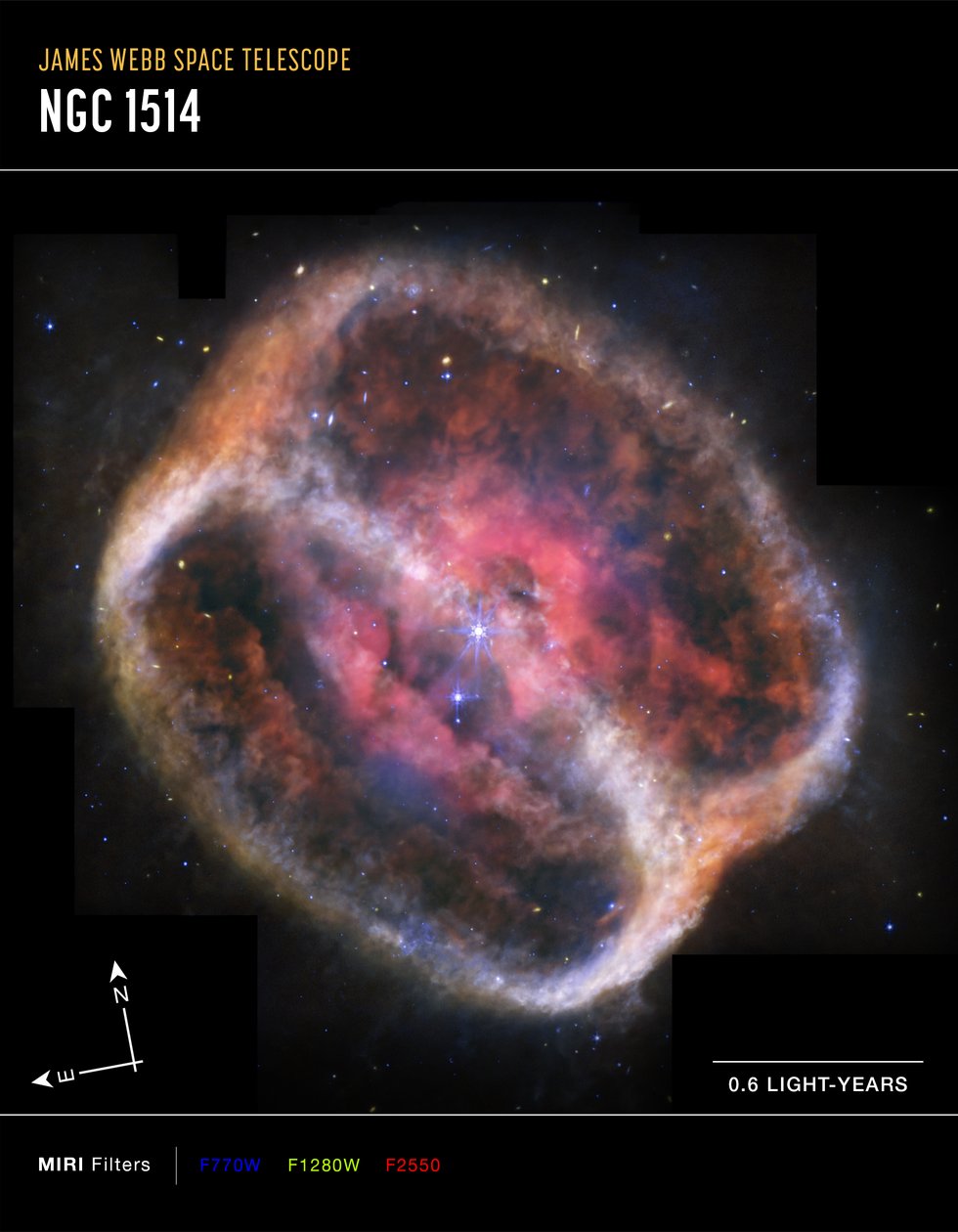 Planetarisk tåke NGC 1514 (MIRI Compass-bilde) av James Webb Space Telescope (NASA)