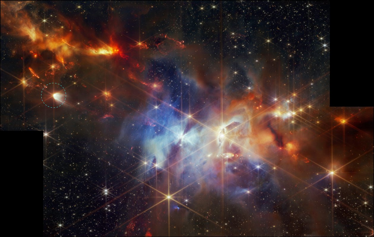 Protostjernen EC 53 i Serpens-tåken (bilde fra NIRCam) av James Webb Space Telescope (NASA)
