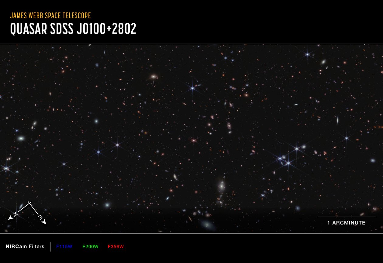 Quasar J0100+2802 (NIRCam Compass Image) av James Webb Space Telescope (NASA)