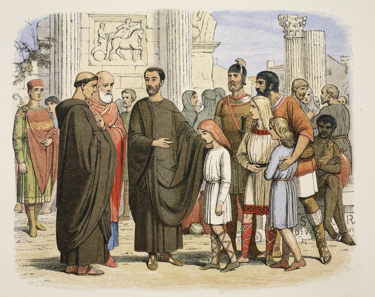 Gregory og de engelske slavene i Roma, 590 AD, fra A Chronicle of England BC 55 til AD 1485, pub. London, 1863 av James William Edmund Doyle