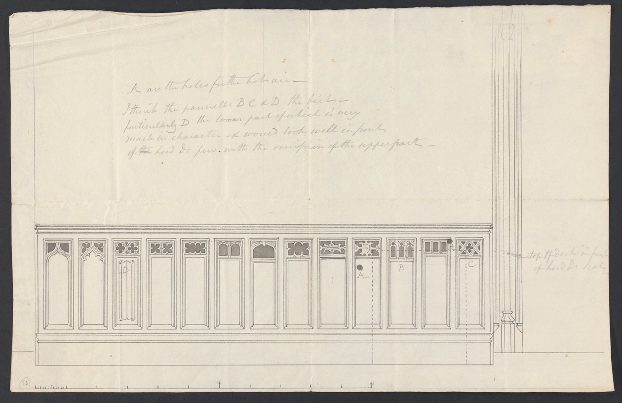 Cobham Hall, Kent: Design for paneling av en kirkebenk av James Wyatt