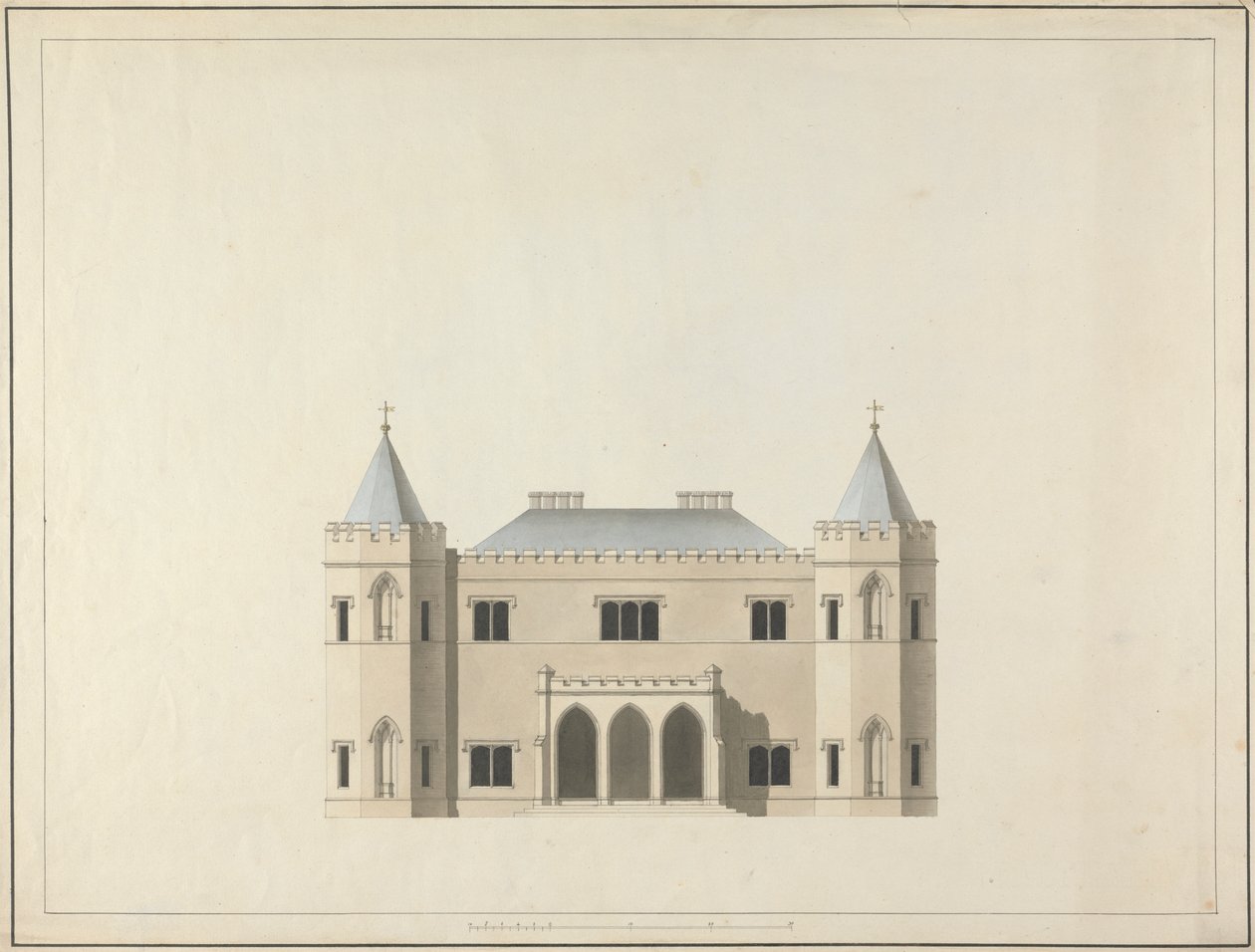 Fem design for et hus i gotisk stil: høyde av James Wyatt