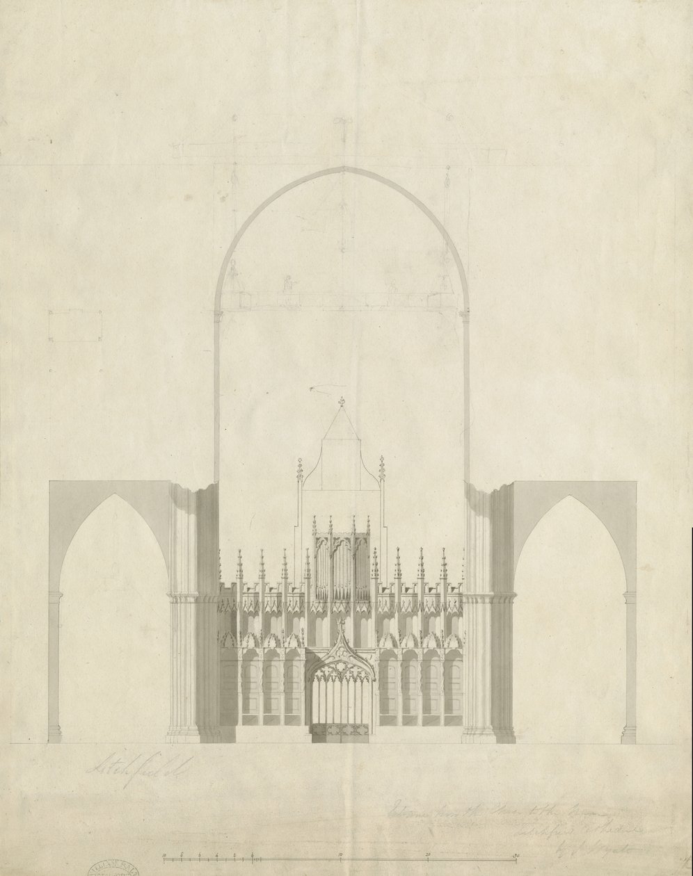 Interiør av Lichfield Cathedral - Inngang fra kor til Nave: tegning og vask, nd [c 1780] av James Wyatt