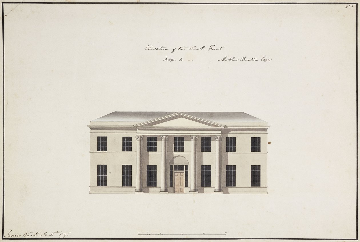 Soho House: Plan over første etasje; Plan over soverommetasjen; Forhøyning av sørfronten, design A, forhøyning av sørfronten, design B og forhøyning av nordfronten, 1796 av James Wyatt