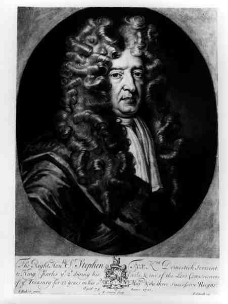 Sir Stephen Fox (1627-1716) 75 år gammel, gravert av J. Simon, 1701 av James after Baker