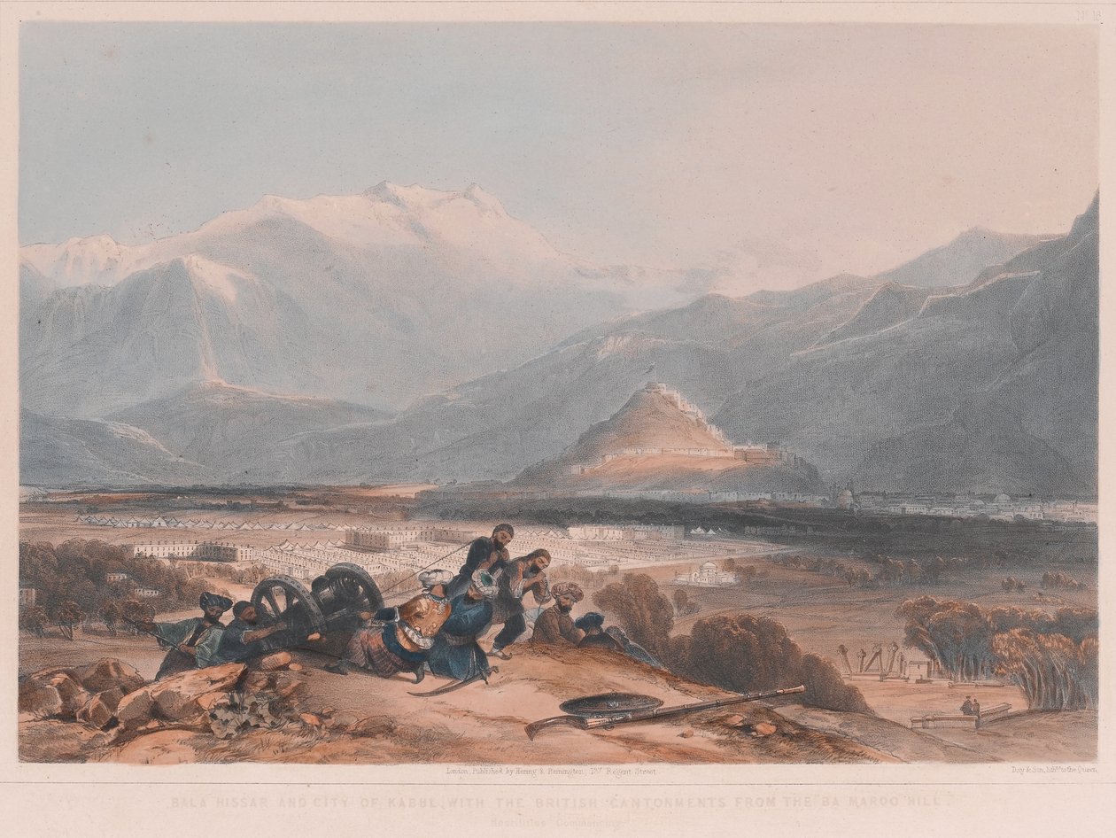 Utsikt over Bala Hissai og byen Kabul, med de britiske kantonene fra Ba Marco Hill av James after Rattray