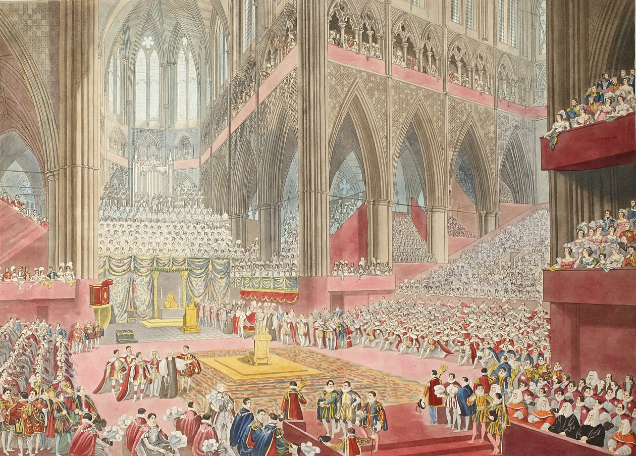 The Coronation of His Majesty, George The Fourth: Taken At The Time of the Recognition, pub. 1822 (håndfarget gravering) av James after Stephanoff