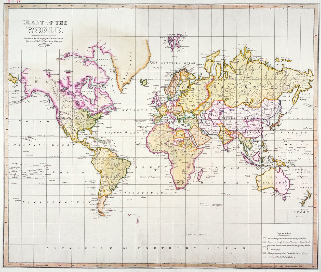 Chart of the World, trykt på Lithographic Establishment, Horse Guards, 1821 (fargelitografi) av James the Elder Wyld