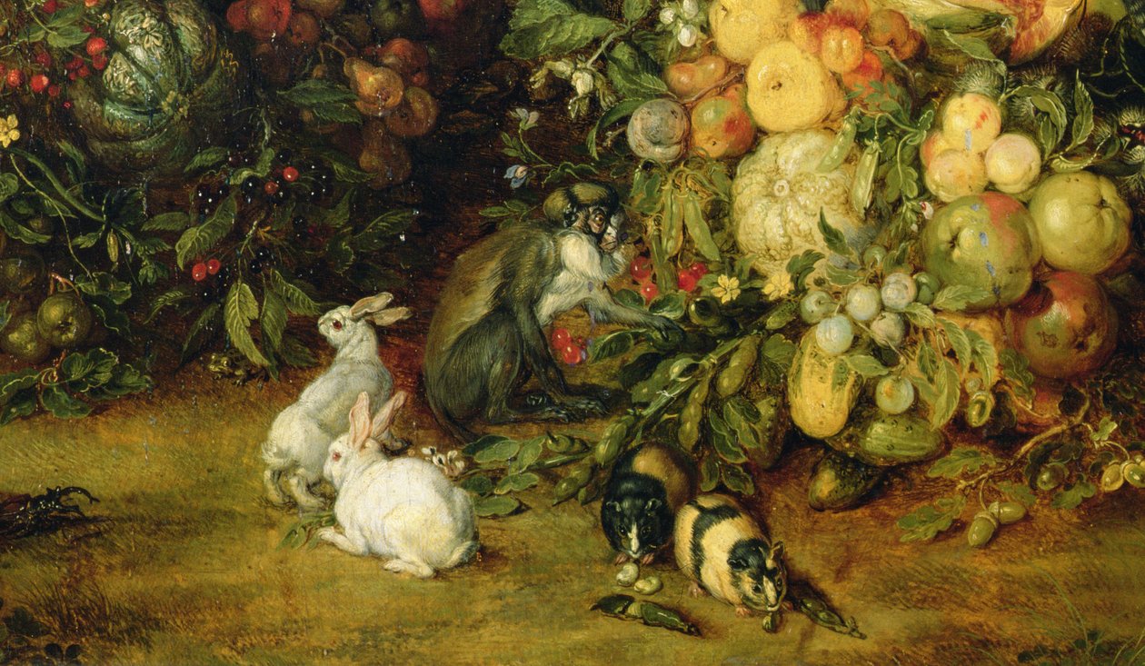 Jomfruen og barnet i en krans av frukt og blomster, detalj av dyr, ca. 1614-18 (detalj av 36912) av Jan and Rubens, P.P. Brueghel
