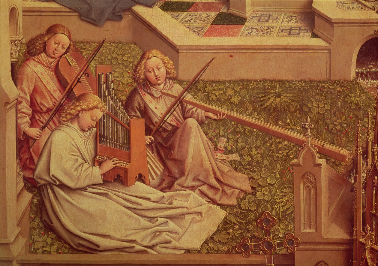 The Fountain of Grace, detalj av tre englemusikere av Jan van Eyck