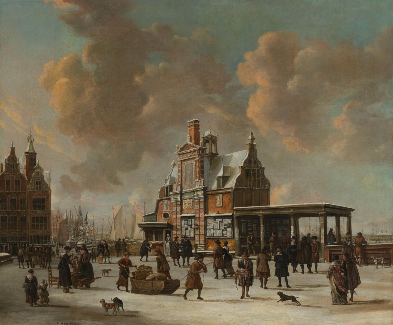 Paalhuis og Nieuwe Brug i Amsterdam om vinteren av Jan Abrahamsz. Beerstraten