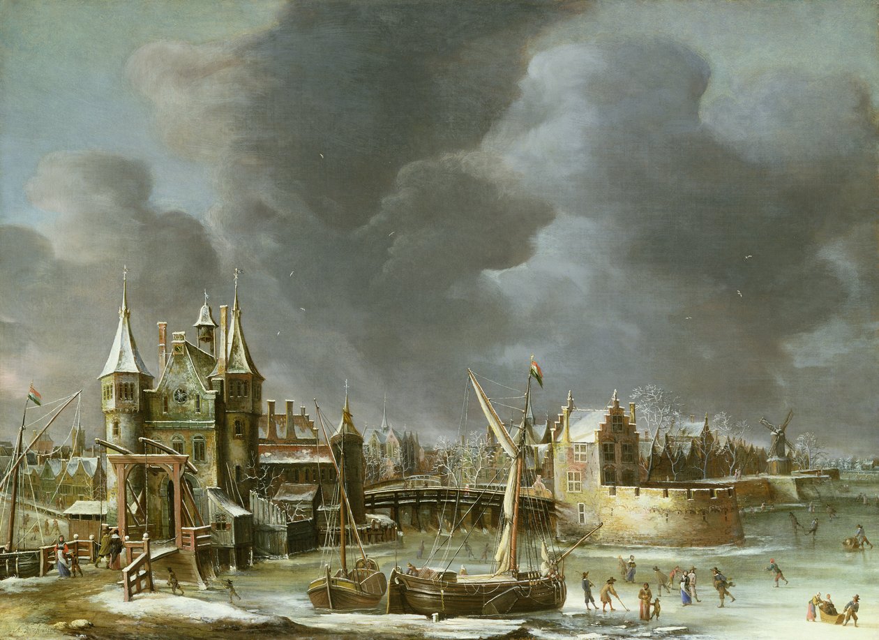 Utsikt over Regulierspoort, Amsterdam, om vinteren av Jan Abrahamsz. Beerstraten