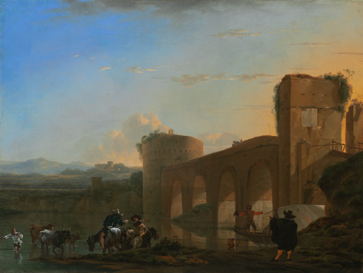 Tiber -elven med Ponte Molle ved solnedgang av Jan Asselijn