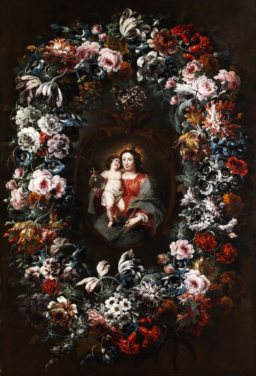 Jomfru med barn i en stor blomsterkrans av Jan Baptist Morel