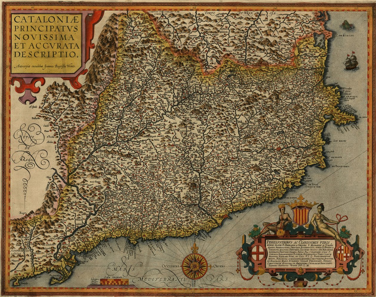 Kart over Catalonia med tittelen Catalonias siste og nøyaktige beskrivelse trykt i Antwerpen i 1608 av Jan Baptist Vrients av Jan Baptist Vrients