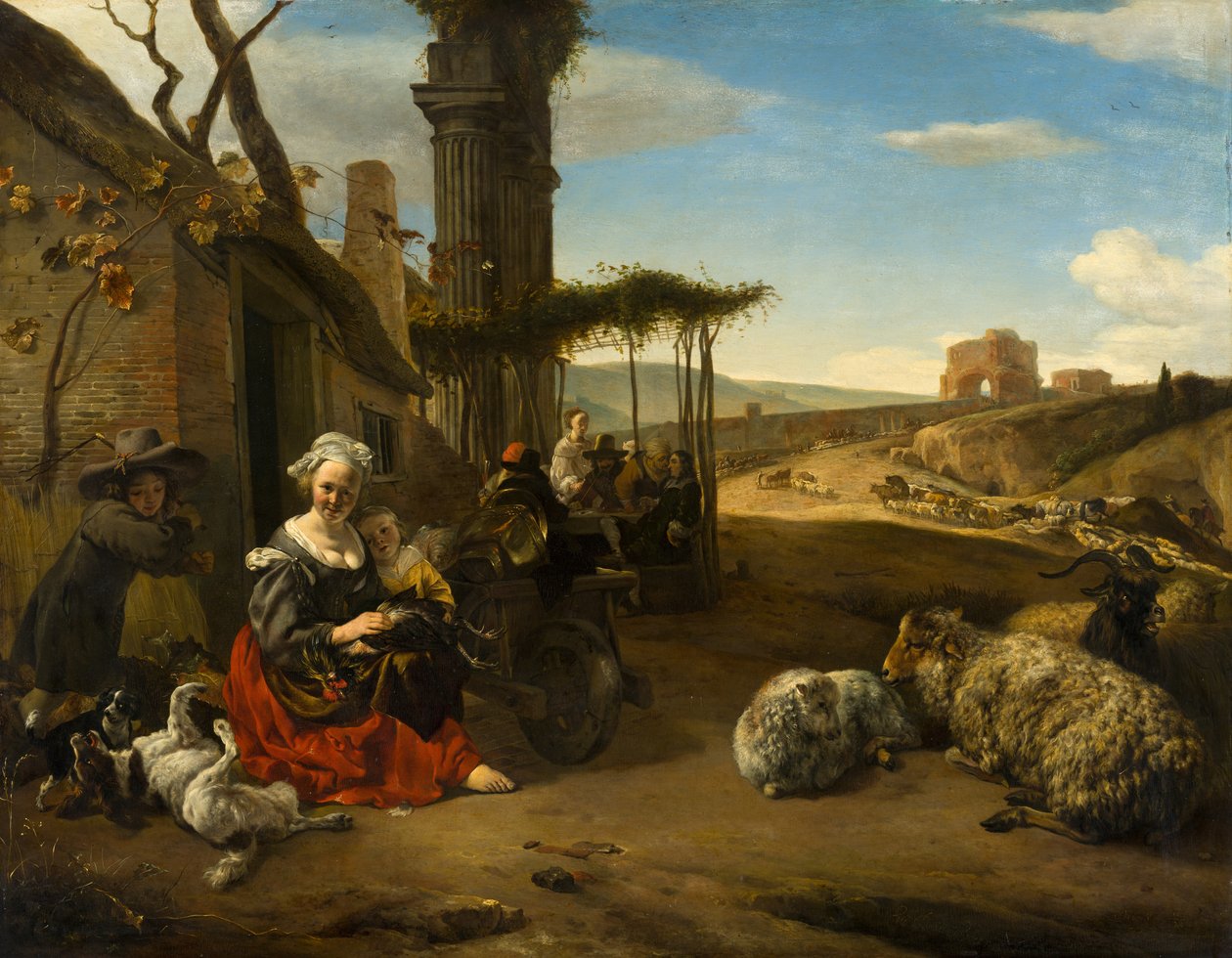 Italiensk landskap med vertshus og gamle ruiner av Jan Baptist Weenix