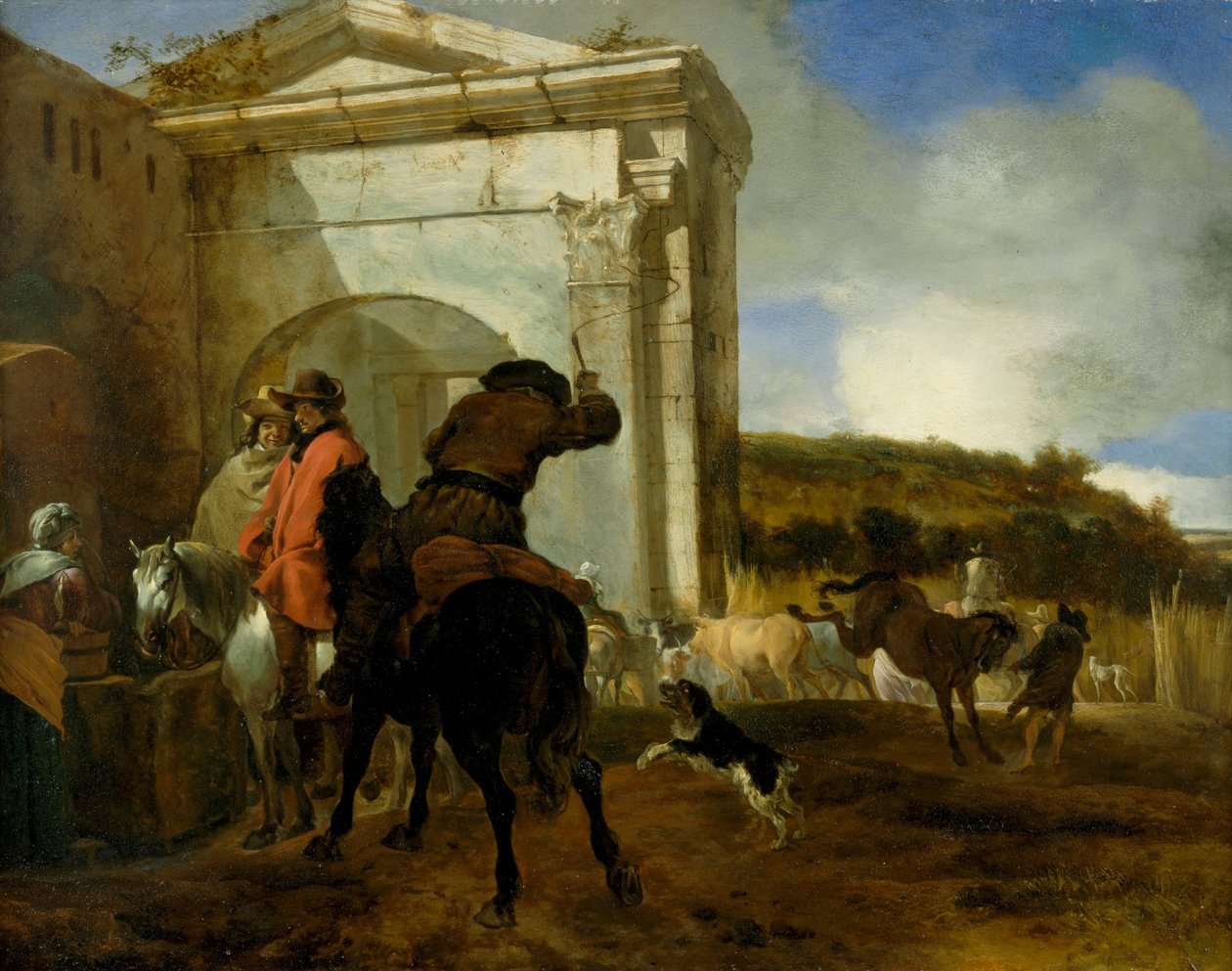 Italiensk landskap med ryttere ved en vår av Jan Baptist Weenix