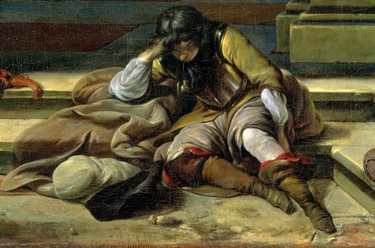 Italiensk havnescene, detalj av en sovende soldat av Jan Baptist Weenix