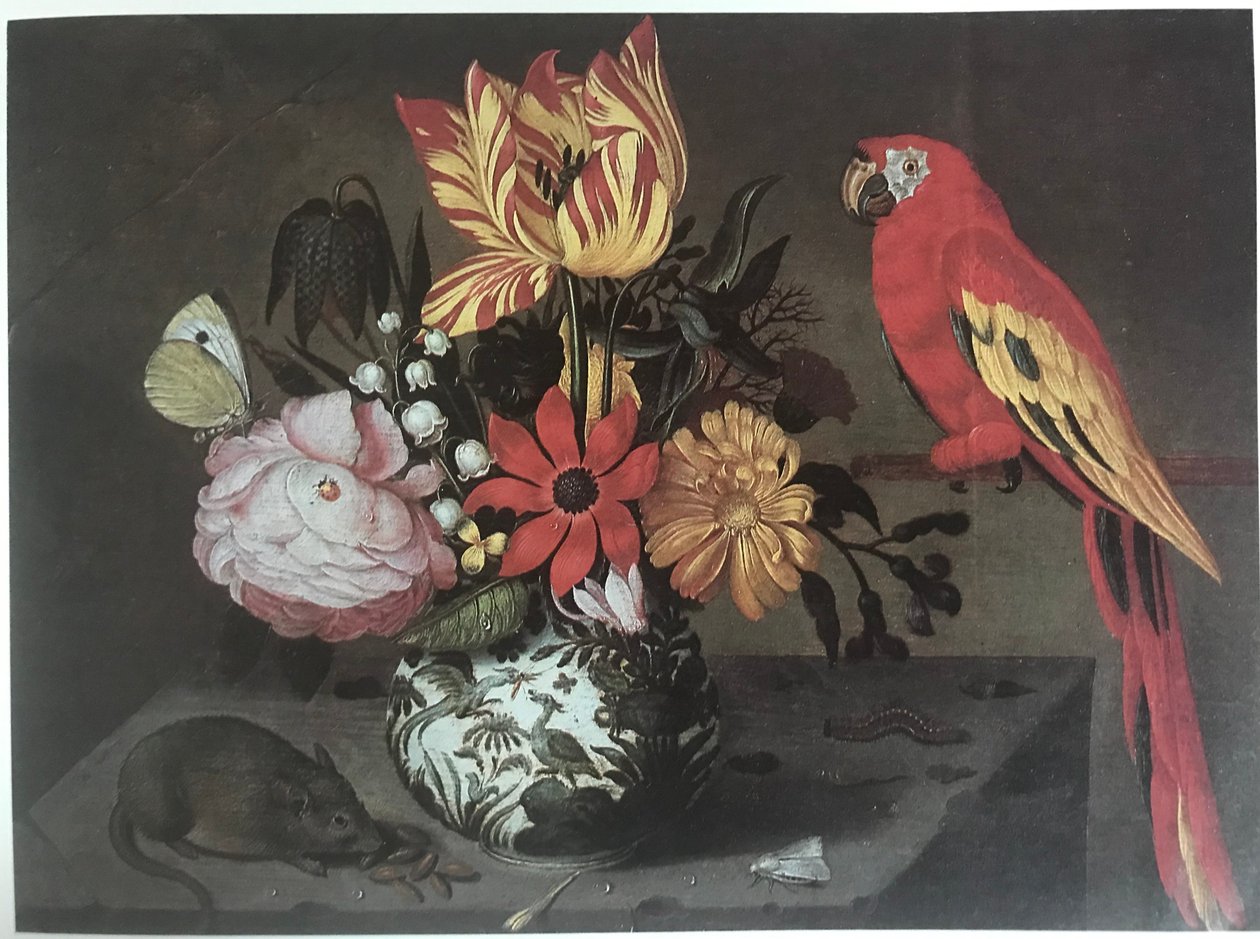 Vase med blomster med en mus og en papegøye av Jan Baptist van Fornenburgh