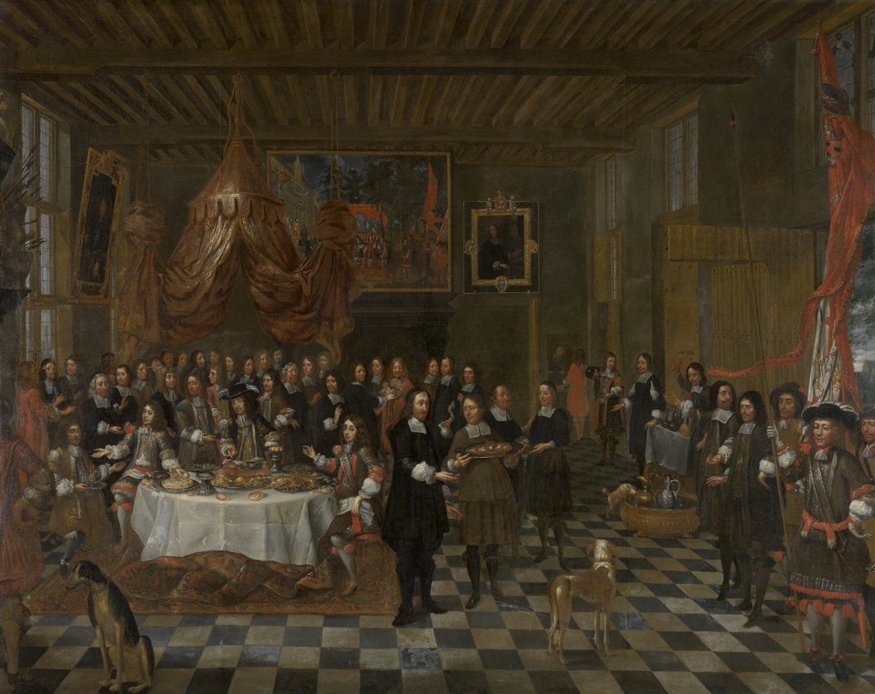Bruges Guild of Saint Barbara tilbyr en bankett til den engelske kongen Charles II og hans to brødre i lauget. Mottakelsen av Charles II og hans brødre i Guild of Saint Barbara i Brugge av Jan Baptist van Meunincxhove